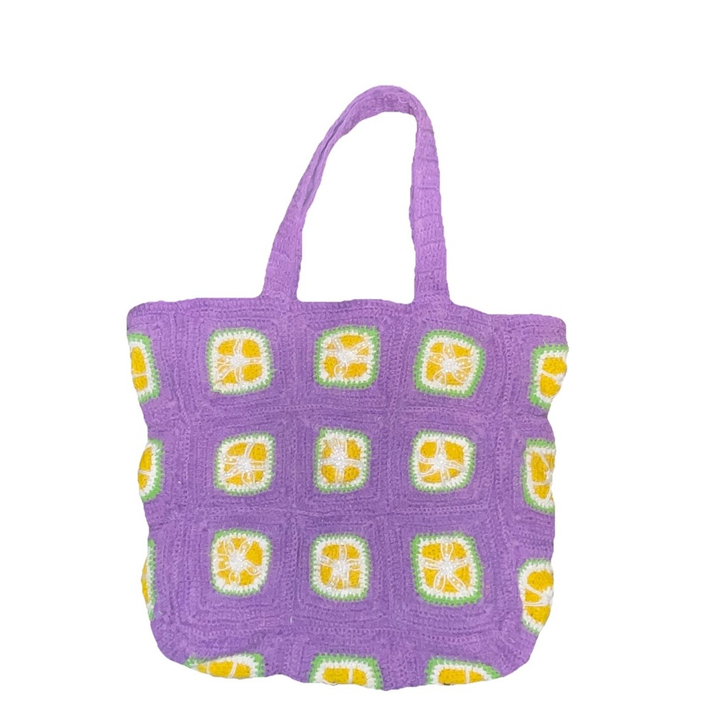 America & Beyond Classic Crochet Tote, Purple Yellow Grannycore Boho 17.5"x13"‎